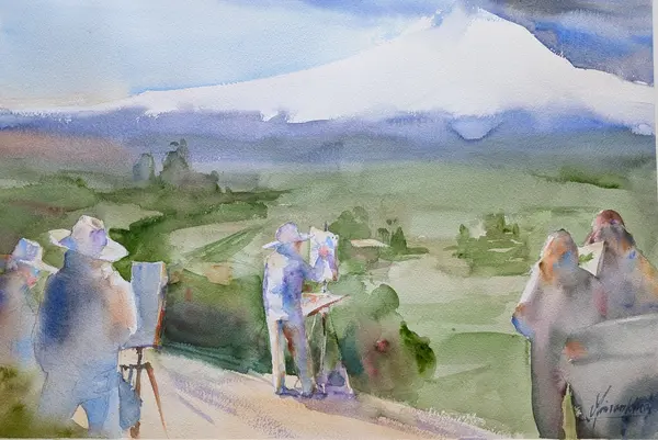 Summit — Plein air painting of Mount Hood and artists painting it, Oregon